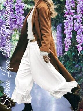 Romantic Victorian Inspired Boho White Lace Hem Wide-Leg Pantaloon Bloomer Pants